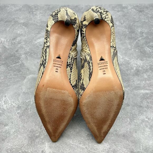 Schutz Beige Bette Bootie Snake Embossed Leather Ankle Boots Size 8B Pointed Toe - Picture 6 of 11